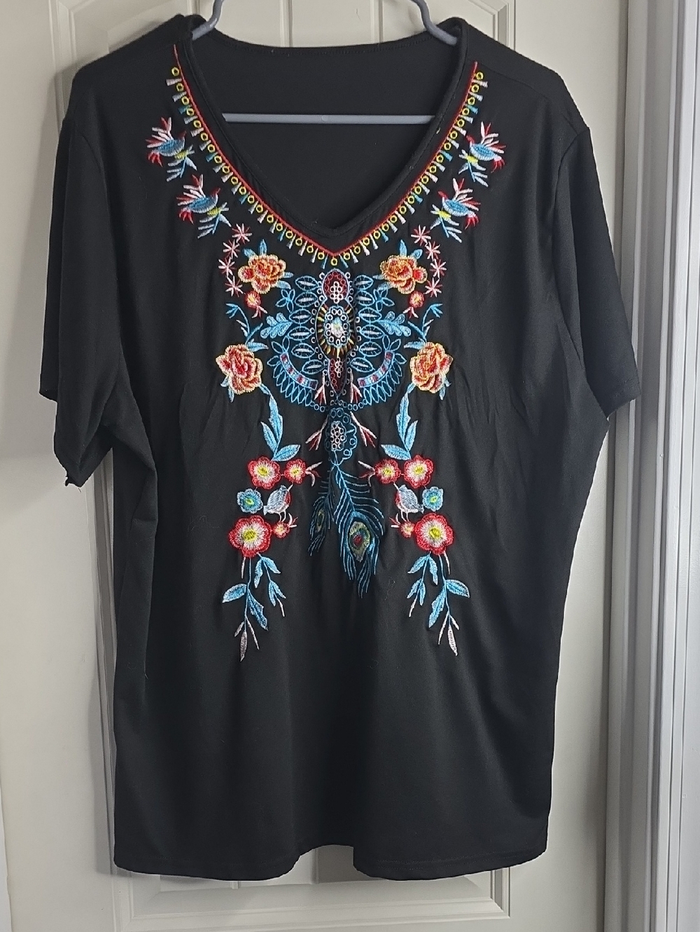 Black Embroidered V-Neck Women’s Top with Floral Motif